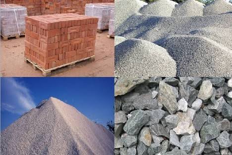 Bricks, gravel and sand