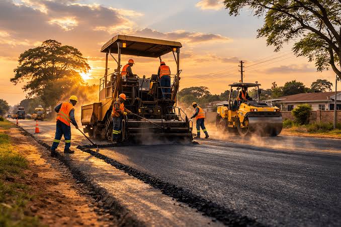Road crew laying asphalt at sunset
