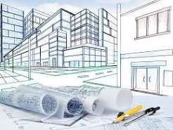 Architectural sketch and rolled drawings